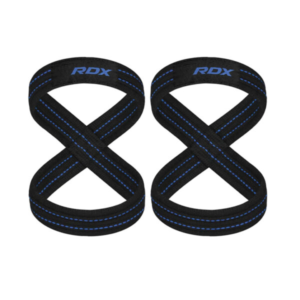 Pair of RDX blue stitched figure 8 lifting straps for deadlifts and heavy pulls