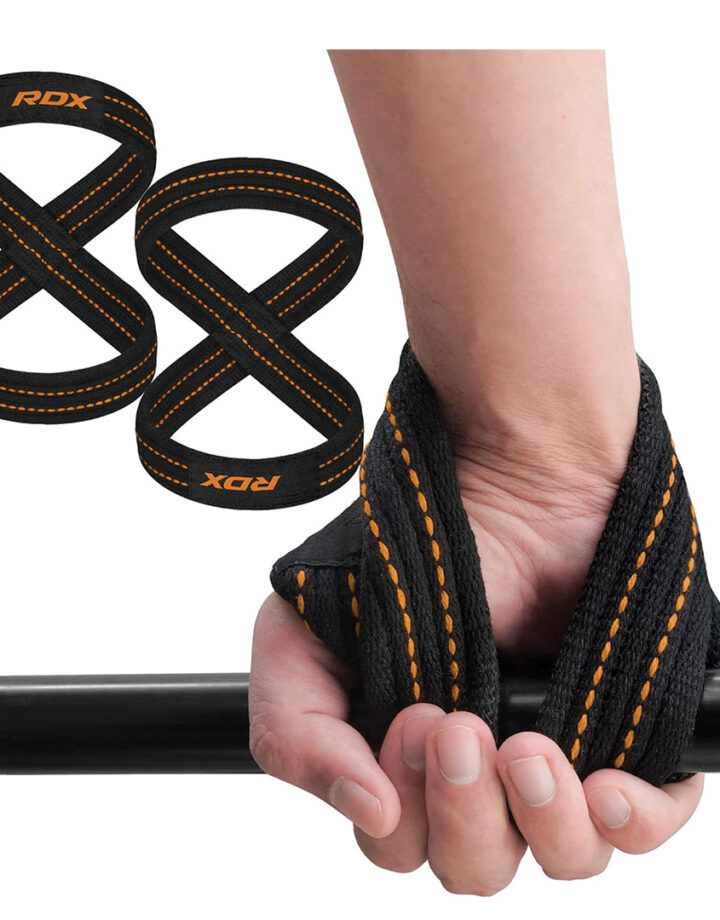 Figure 8 weightlifting straps with orange stitching by RDX