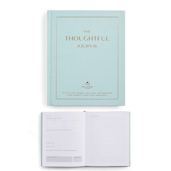 Thoughtful journal with structured reflection pages for gratitude, goals, and weekly personal development