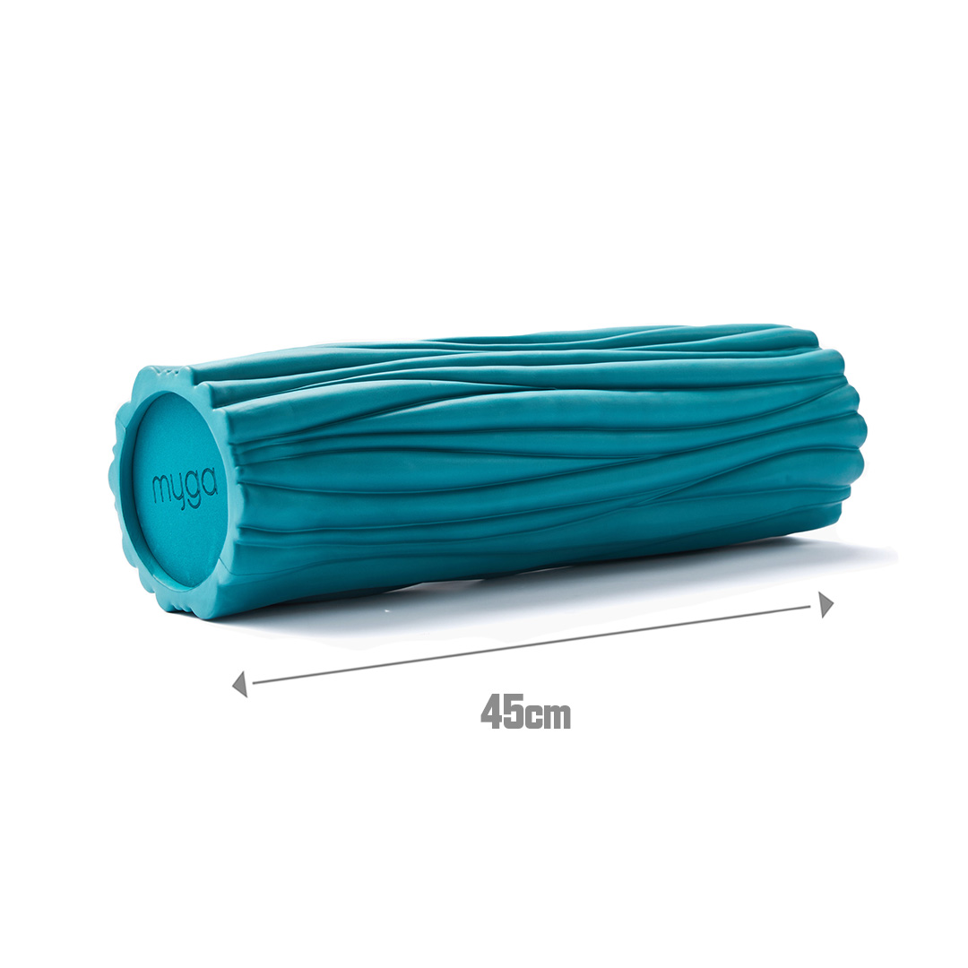 Myga Wave Foam Roller in teal showing textured surface design and 45cm length dimensions.