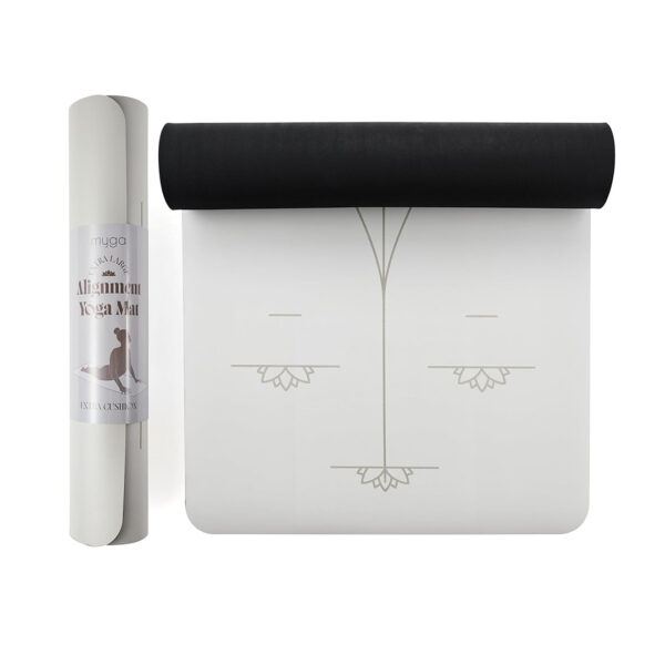 Grey extra large alignment yoga mat with retail packaging