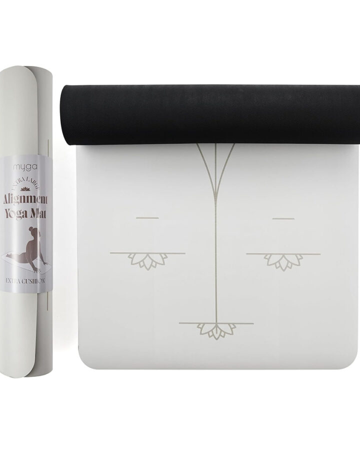Grey extra large alignment yoga mat with retail packaging