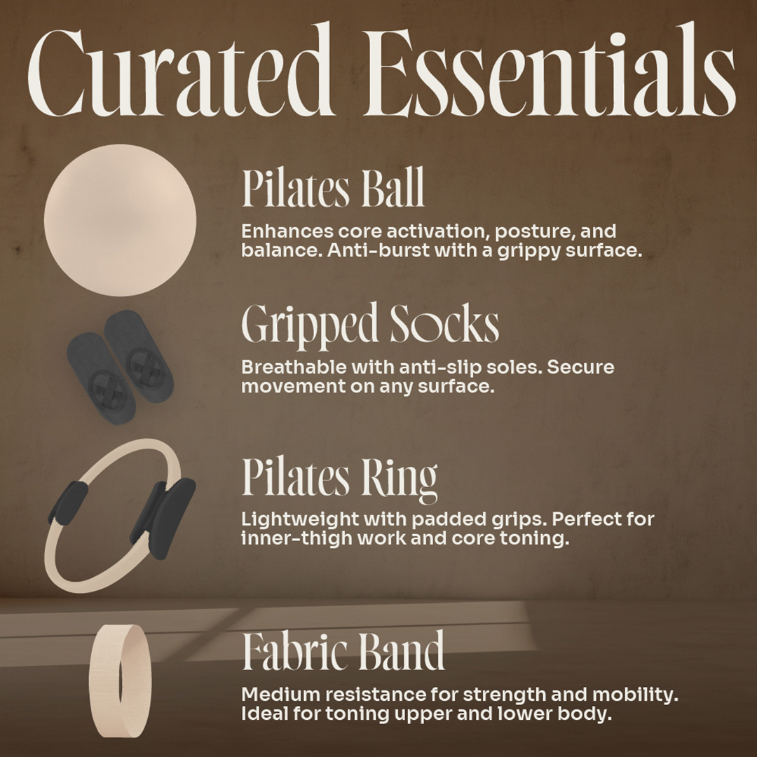 Pilates Starter Kit contents including Pilates Ball, Grip Socks, Pilates Ring and Resistance Band