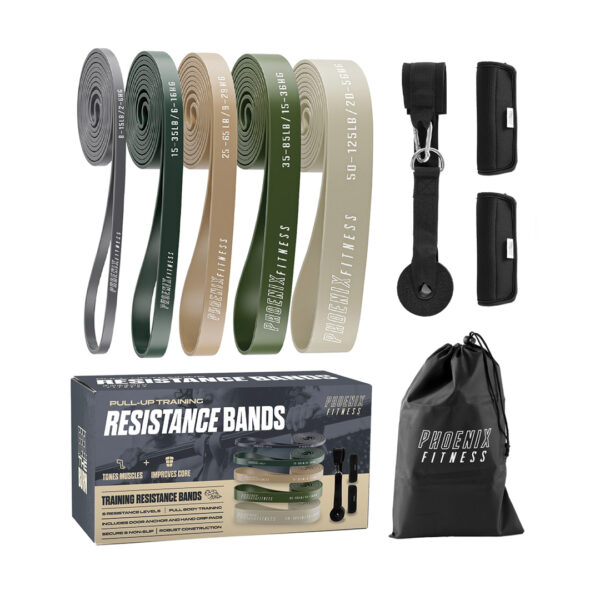 Full Phoenix Fitness resistance bands set with five bands, box, bag and accessories