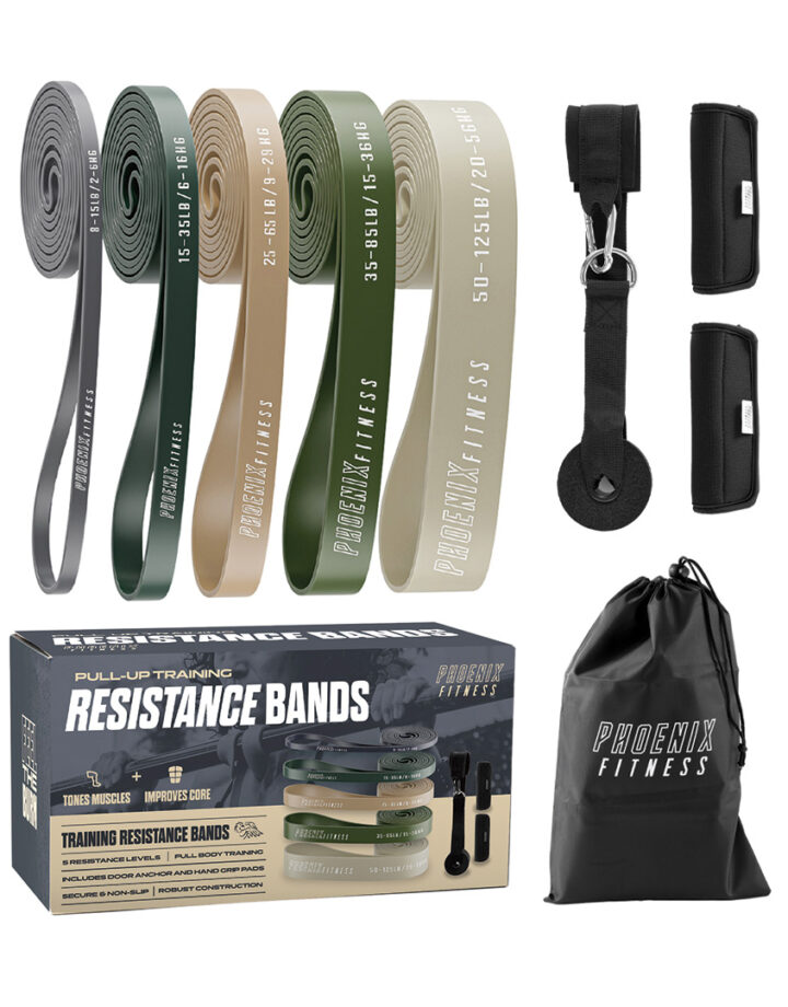 Full Phoenix Fitness resistance bands set with five bands, box, bag and accessories