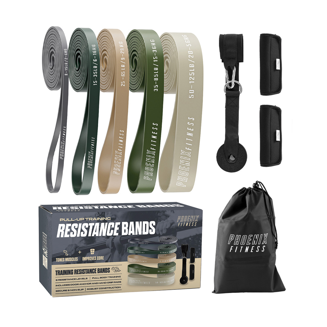 Full Phoenix Fitness resistance bands set with five bands, box, bag and accessories