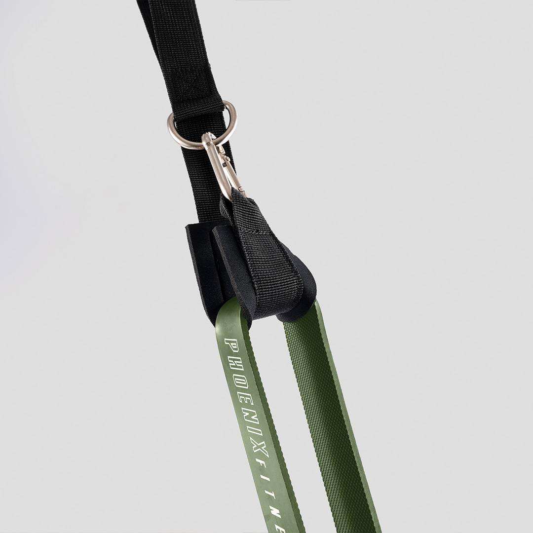 Close up of resistance band door anchor and metal clip attachment