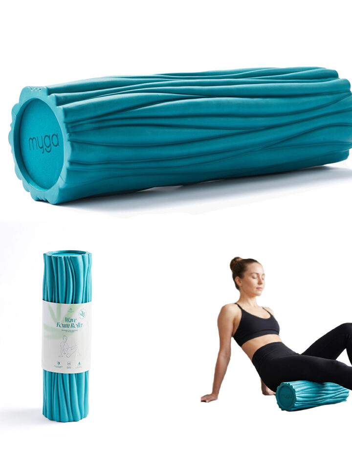 Myga Wave Foam Roller product collage showing textured recovery roller and example of use during muscle recovery exercises.