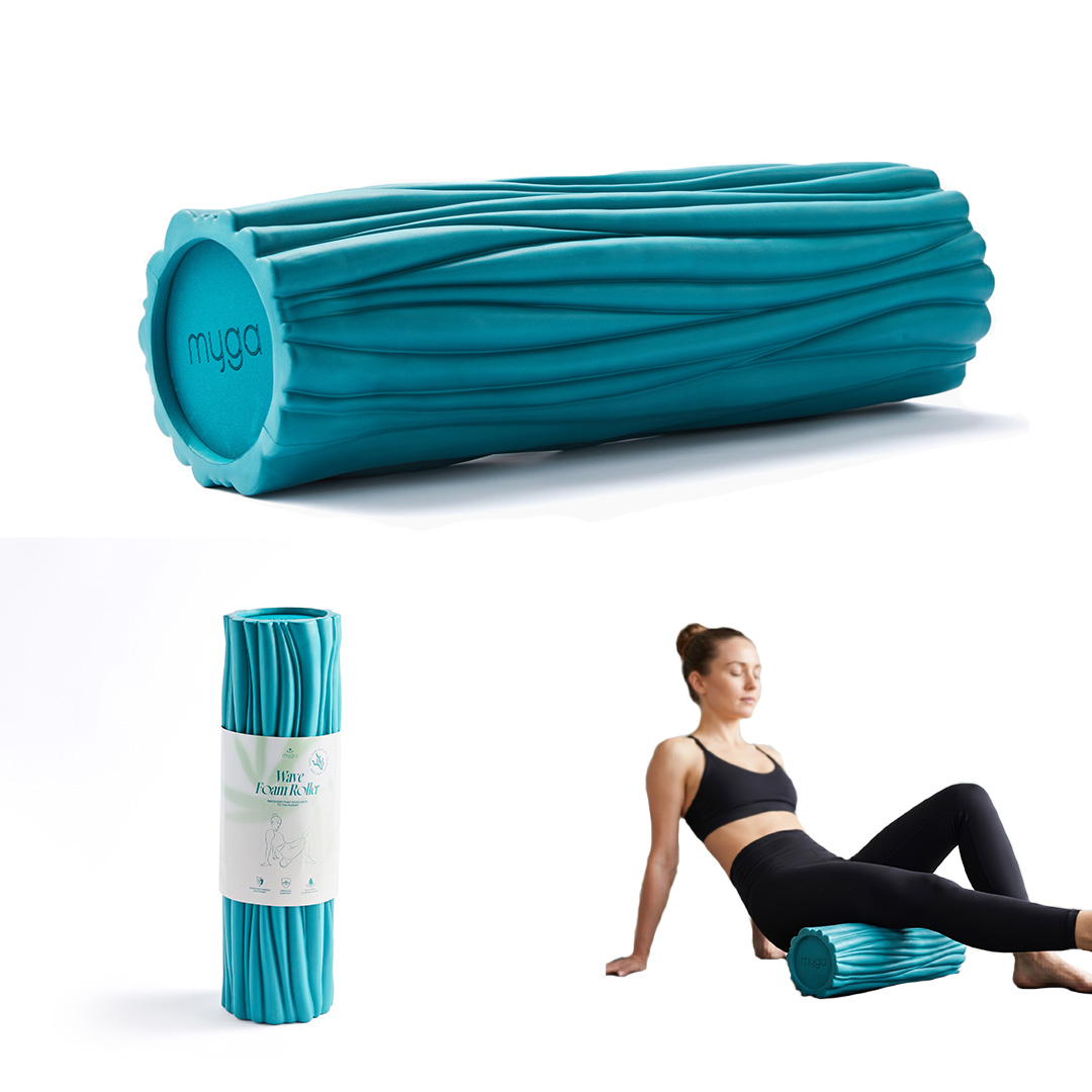 Myga Wave Foam Roller product collage showing textured recovery roller and example of use during muscle recovery exercises.
