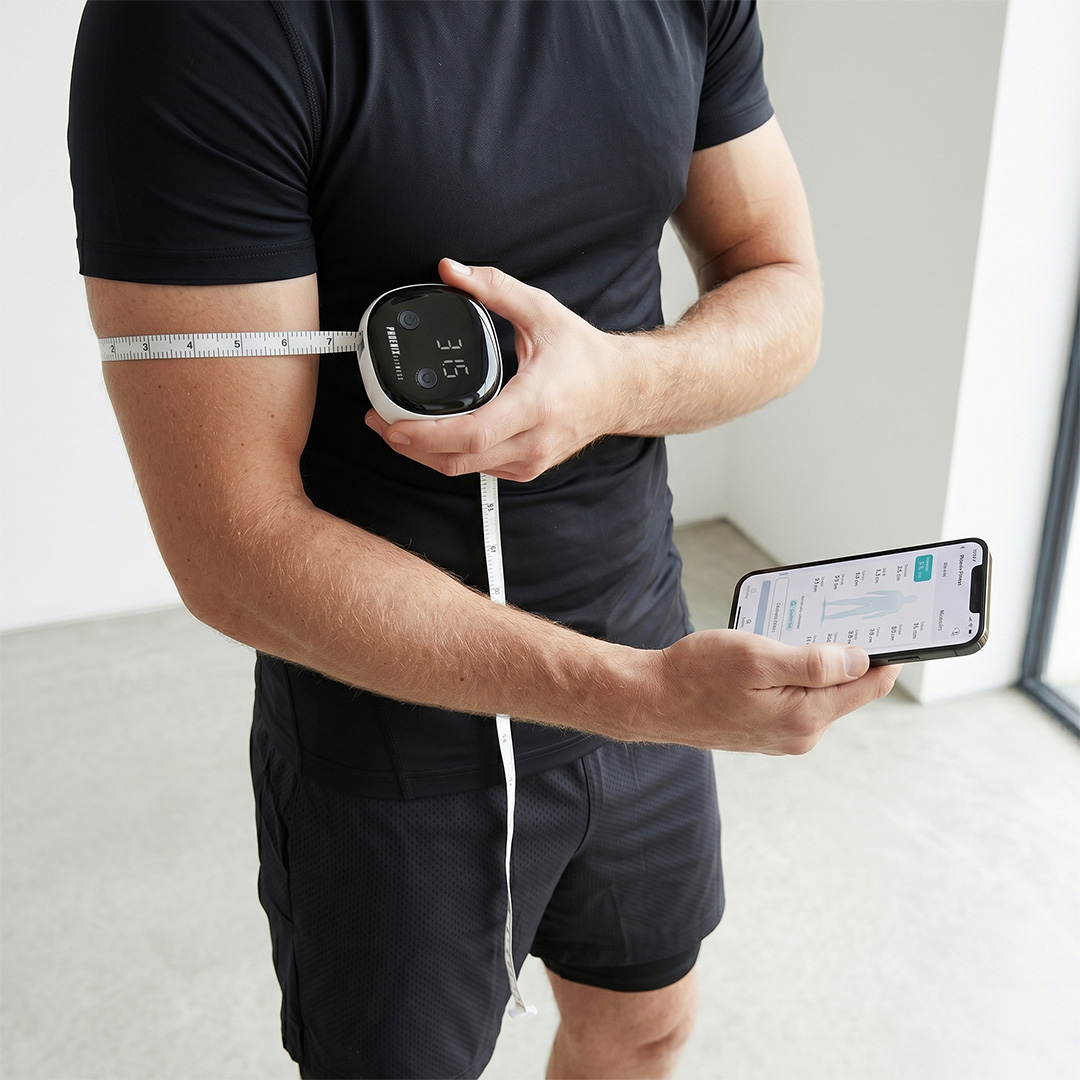 Digital body measuring tape tracking an upper arm measurement with app