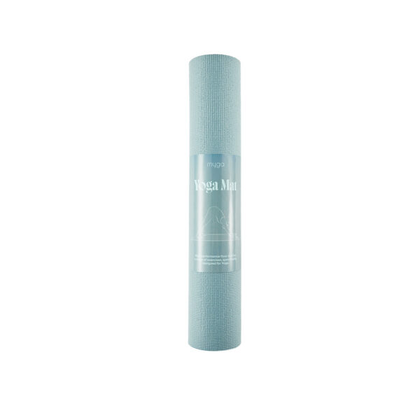 Teal Myga 4mm yoga mat rolled on a white background