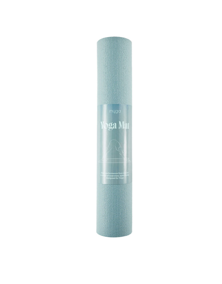 Teal Myga 4mm yoga mat rolled on a white background