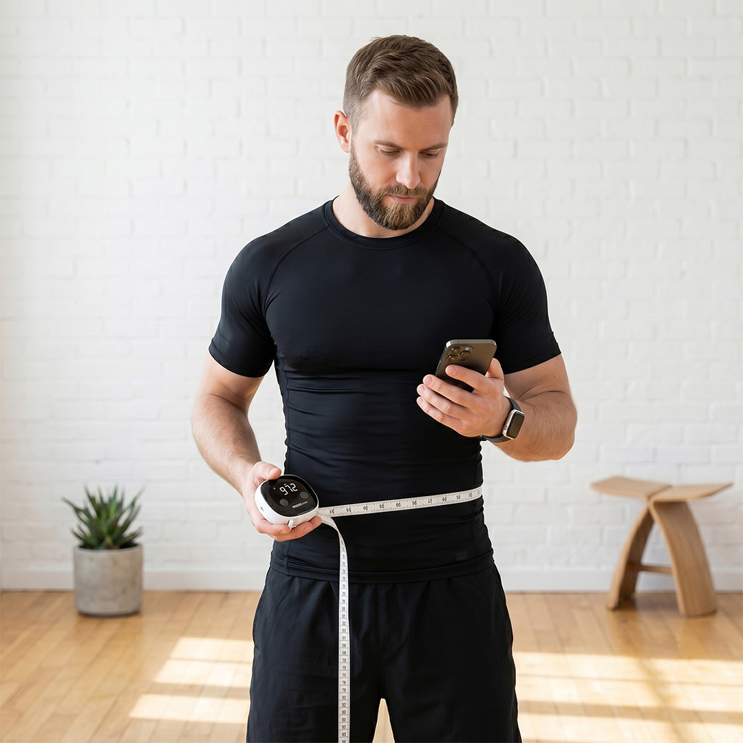 Smart body measuring tape being used to track waist measurement