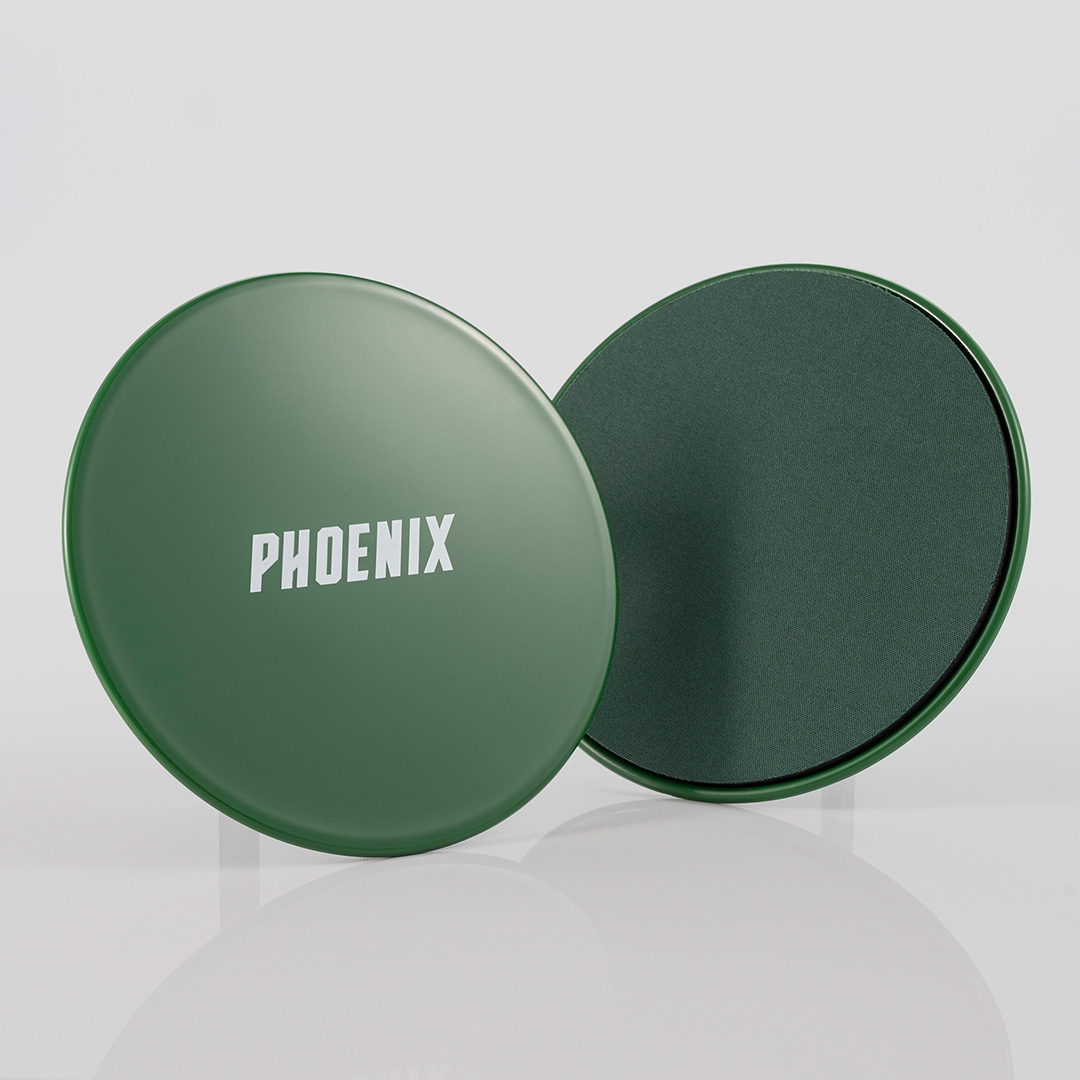 Phoenix Fitness green gliding discs showing dual sided design