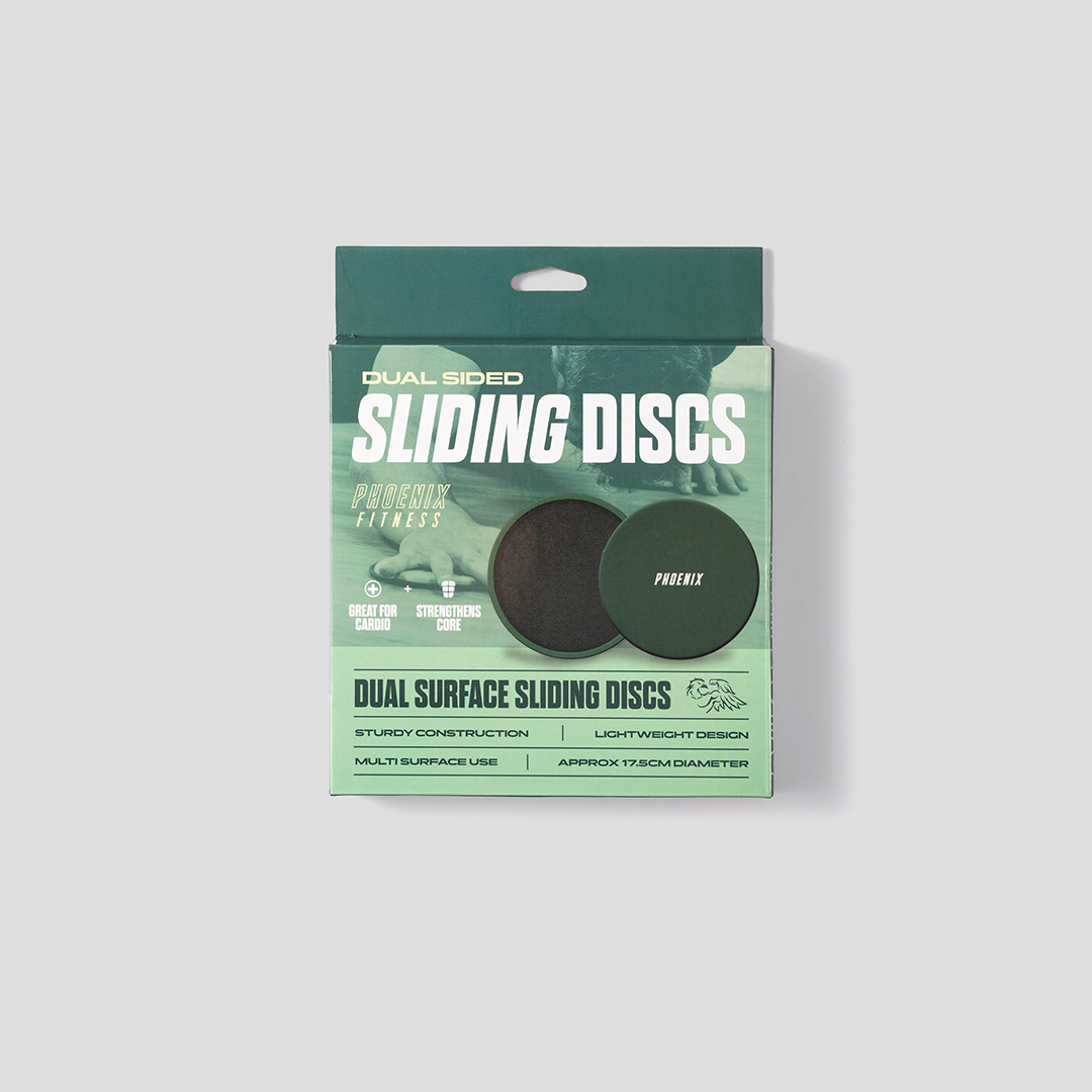 Phoenix Fitness green gliding discs dual sided exercise discs packaging